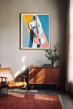 a painting hangs on the wall above a chair and sideboard in a living room