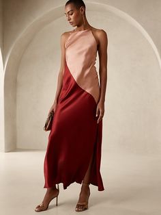 Terra cotta inspo bridesmaid dress Festive Wedding Attire, Summer Cocktail Attire, Formal Attire For Women, Wine Red Wedding, Draped Silk Dress, Dress Rose Gold, Backyard Wedding Dresses, Formal Dress Code, Beach Wedding Guest Dress