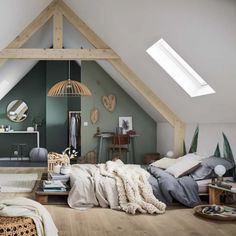 an attic bedroom with green walls and wooden floors