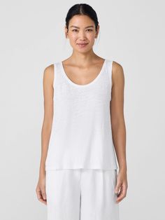 Organic Linen Jersey Tank Spring Daywear Tops With Scoop Neck, Scoop Neck Tops For Spring Daywear, Scoop Neck Spring Tops For Daywear, Chic Scoop Neck Tops For Daywear, Fitted Linen Tops For Loungewear, Casual Scoop Neck Tops For Daywear, Spring Layering Tops With Scoop Neck, Effortless White Tops For Layering, Spring Layering Scoop Neck Tops