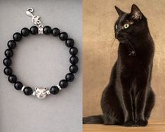 I created this one of a kind cat  bracelet design for black cat lovers..:) It's unisex! The black onyx gemstone beads imitates your cat color, so you can wear your kitty wherever you go! :) It's made with high quality, genuine  black onyx gemstone beads so it has strong properties and meaning to it. :) . .Whether you just like the color, or you have a black cat, or a fan of  onyx , this gemstone bracelet will be perfect for you or as a gift.. Made with a strong, sturdy quality stretch cord (not Cat Noir Aesthetic, Onyx Meaning, Cat Charm Bracelet, Noir Aesthetic, Black Cat Lover, Animal Bracelet, Cat Bracelet, Tom Y Jerry, Memorial Bracelet