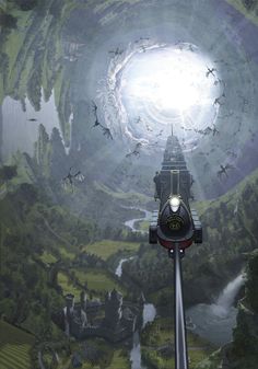 an artist's rendering of a sci - fi space station in the middle of a landscape