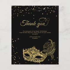 a black and gold masquerade birthday card with the words thank you on it