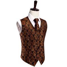 Paisley Vest Rust Orange Jacquard Black V-Neck Vest Tie Set Paisley Suit, Vest Tuxedo, Floral Suit, Mens Waistcoat, Men's Waistcoat, Vest Set, Necktie Set, Vest And Tie, Mens Vests