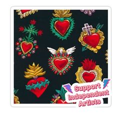 a black background with red, green and yellow heart shaped patches on the side of it