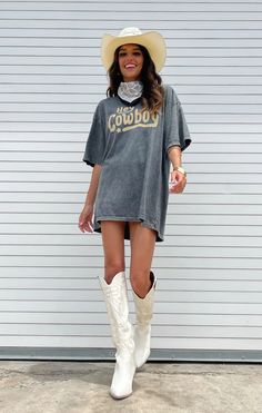 Big Tshirt Cowboy Boots, Graphic Tee Cowboy Boots Outfit, Tshirt With Cowboy Boots Outfit, Country T Shirt Dress Outfit, Country Concert Oversized Shirt, Tshirt Dress With Cowgirl Boots, Country Concert Outfit Tshirt Dress, Western Oversized Tshirt Dress