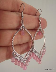 Pink and Silver Chandelier Earrings Silver by JSWMetalWorks Elegant Pink Chandelier Earrings With Dangling Beads, Pink Sterling Silver Chandelier Earrings As A Gift, Pink Nickel-free Chandelier Earrings As A Gift, Pink Teardrop Chandelier Earrings For Gift, Sterling Silver Pink Dangling Bead Earrings, Pink Sterling Silver Dangling Earrings, Pink Teardrop Metal Earrings, Pink Teardrop Earrings With Dangling Beads, Elegant Pink Dangling Beads Earrings