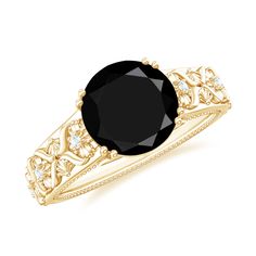 Vintage Inspired Created Black Diamond and Diamond Floral Solitaire Ring Lab Created Black Diamond - ( AAAA ) - Quality - Rosec Jewels Spinel Engagement Rings, Rose Gold Black Diamond, Flower Engagement, Chic Rings, Floral Engagement Ring, Flower Engagement Ring, Vintage Style Rings, Black Diamond Ring, Ring With Diamond