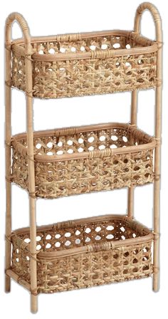 three tier bamboo shelf with wicker baskets on each side and two shelves below it