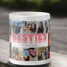 a white coffee mug with the words besties on it and images of women in different colors