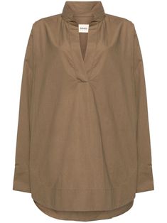 toffee brown cotton poplin texture split neck stand collar drop shoulder pleat detailing at the sleeves and back long wide sleeves buttoned cuffs pull-on style curved hem Oversized Brown Tops For Work, Brown Tops With Concealed Placket For Fall, Long Sleeve Brown Blouse For Daywear, Brown Long Sleeve Blouse For Daywear, Poplin Top, Yoko London, City Dress, Summer Beach Wear, Wide Sleeves