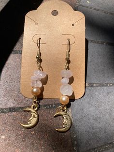 golden moon earrings🌜with real rose quartz stones. rose quartz promotes self love acceptance healing and unconditional love in general. Pink Rose Quartz Earrings With Natural Stones, Rose Gold Dangle Earrings With Rose Quartz, Gold Rose Quartz Earrings For Gift, Golden Moon, Wire Jewellery, Real Rose, Rose Quartz Stone, Quartz Rose, Moon Earrings