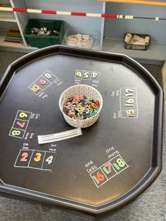 a black table with numbers and a bowl on it