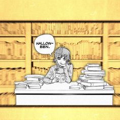 a cartoon character sitting at a table with stacks of books