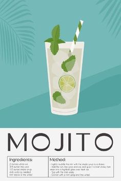 size: 12x8in Photographic Print: Mojito Cocktail Recipe with Lime Slice, Ice and Mint Leaves. Summer Aperitif with Rum and Soda. Alc by Inna Miller : Mojito Ingredients, Lime Slice, Cocktail Illustration, Lime Recipes, Mojito Cocktail, Cocktail Poster, Mint Sprig, White Rum, Highball Glass