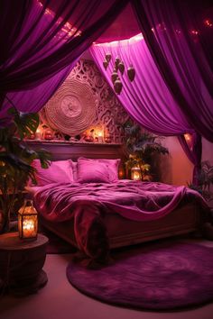 A medium-sized boho-chic bedroom with a mystical magenta and cream color scheme, featuring eclectic furniture, a canopy bed with a plush blanket, mandala art, and lantern lighting, creating a magical and romantic atmosphere. Moody Romantic Bedroom, Beautiful Bed Designs, Dream Bedroom Inspiration, Future Apartment Decor, Bedroom Decor Inspiration, Romantic Bedroom, Cozy Room Decor, Apartment Decor Inspiration, Dream Room Inspiration