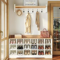 a shoe rack with shoes and purses on it