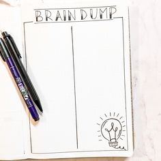 Journal, title says brain dump, doodle of a light bulb, black and white Brain Dump Journal Page, Bullet Journal Brain Dump Layout, Bujo Brain Dump, Bullet Journal Topics, Bujo Trackers, Journal 2025, 2024 Journal