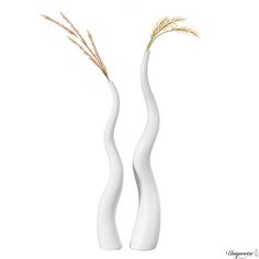 two tall white vases with plants sticking out of them