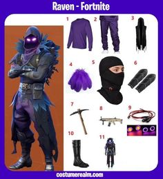 the costume guide for raven fortte is shown in purple and black, as well as other items