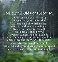 a poem written in the forest with trees and fog behind it, which reads i follow the old gods because