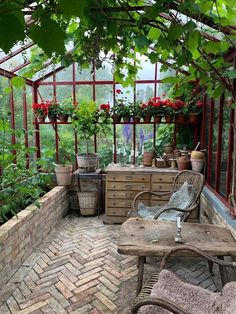 a wooden bench sitting on top of a brick patio