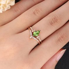 Unique Peridot Engagement Ring Set Dainty Green Gemstone Rose - Etsy Peridot Wedding Ring Set, Peridot Wedding Ring, Peridot Engagement Ring, Peridot Engagement Rings, Rose Gold Wedding Ring, Stacked Wedding Rings, Wedding Rings Rose Gold, Ring Stack, Gold Wedding Ring