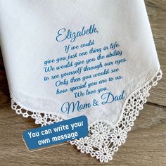 "Elegant and unique daughter gift from mom and dad: A thoughtful gift for any girl, this timeless hankie is crafted using luxurious fabric and embellished with your details. It's sure to become an heirloom piece. Now it's a gift for daughter's birthday or Thanksgiving, and in the future - something blue, something old for her wedding day 100% cotton high-quality handkerchief Hankie Size: 12 x 12 inches approx Create your own Poem/Verse/message. You can write your own unique text. I will do it a maximum of 80 words long. The text is not embroidered, the text is not printed. The text is made of special transfer vinyl. Production time 2 weeks. A lot of different texts for the bride in the folder \"for the bride\" https://www.etsy.com/shop/Mamooby?ref=seller-platform-mcnav&section_id=26720190 Cotton Handkerchiefs With Embroidered Text For Gift, Embroidered Text Cotton Handkerchiefs For Gifts, Cotton Handkerchiefs With Embroidered Text As Gift, Embroidered Cotton Handkerchiefs As Gifts, White Handkerchiefs With Embroidered Text For Gift, White Handkerchiefs With Embroidered Text As Gift, Cotton Handkerchief With Machine Embroidery For Gift, Wedding Gift Handkerchiefs With Embroidered Text For Mother's Day, White Handkerchiefs With Custom Embroidery For Gift