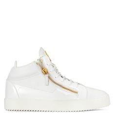 These mid-top white leather sneakers feature white patent leather inserts and the metal Signature logo. The design is completed by the metal Signature logo, and is set on a rubber sole with logo. White High-top Sneakers With Zipper, Modern High-top Patent Leather Sneakers, Modern Patent Leather High-top Sneakers, Luxury High-top Patent Leather Sneakers, Leather Lace-up High-top Sneakers With Zipper, Luxury Patent Leather Sneakers For Streetwear, Luxury Patent Leather Streetwear Sneakers, Luxury White Patent Leather Sneakers, Designer High-top Patent Leather Sneakers