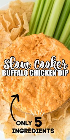 the recipe for slow cooke buffalo chicken dip is shown on a plate with celery