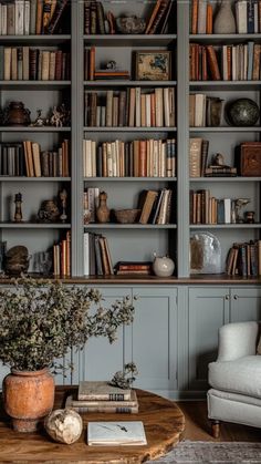 a living room filled with lots of books on top of wooden shelves next to a couch