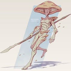 an illustration of a man with a mushroom on his head holding a stick and walking