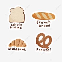 four different types of bread stickers on a white background with the words french bread, croissant and pretzel