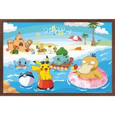 an image of pokemon on the beach with other cartoon characters in the water behind them