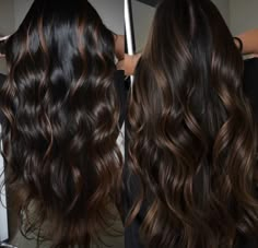 Bronze Brunette Hair, Black Hair With Dark Brown Highlights, Black Hair With Caramel Highlights, Chocolate Brown Balayage On Black Hair, Brownie Batter Hair Color, Black Hair Caramel Highlights, Chocolate Brown Highlights, Dark Brown Hair Balayage