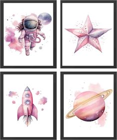 four watercolor paintings of space and stars