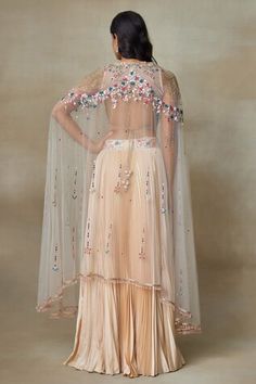 Beige sheer cape featuring embroidered floral blossom motifs, highlighted by sequins, bead embellishments. Comes with padded embroidered blouse and pleated skirt. - Aza Fashions Spring Sharara With Sheer Dupatta, Elegant Georgette Choli For Spring, Spring Reception Sharara With Traditional Drape, Wedding Sharara For Spring With Traditional Drape, Spring Reception Sharara With Sheer Dupatta, Wedding Choli With Traditional Drape For Spring, Spring Sharara With Dupatta For Reception, Spring Reception Sharara With Dupatta, Spring Wedding Lehenga With Traditional Drape