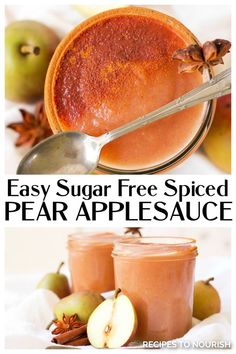 Two photos, one of an overhead view of a glass jar of homemade applesauce half dusted on the top with ground cinnamon, with a star anise pod sitting on the rim of the jar and a silver spoon sitting across the top, with whole pears and star anise pods in the background and second photo of two glass jars of homemade applesauce with whole pears, halved pears, cinnamon sticks and star anise pods sitting around them on a white kitchen towel and text that says Easy Sugar Free Spiced Pear Applesauce. Homemade Snacks For Kids, Snacks Lunch Ideas, Pear Applesauce, Snacks After School, Applesauce Recipes, Lunch Ideas Kids, Kids Lunch Box Ideas, Snacks School, Lunch Box Ideas For Kids