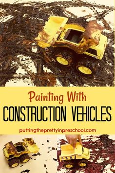 Your little learners will love this painting with construction vehicles process art activity. They'll get to make muddy tire tracks on paper. Community Helpers Preschool Crafts Garbage Truck, Construction Process Art Preschool, Construction Reggio Ideas, Construction Vehicle Activities Preschool, Construction Process Art, Vehicles Eyfs Activities, Community Helpers Process Art, Preschool Construction Art, Construction Art Activities