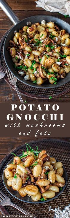 potato gnocchini with mushrooms and herbs in a skillet on a wooden table