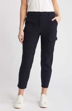 Soft and ultrastretchy fabric means all-day comfort in these relaxed-fit cargo pants boasting a breezy cropped fit and a plethora of handy pockets. 26" inseam; 13" leg opening;10 3/4" front rise; 15" back rise (size Medium) Zip fly with hook-and-bar closure Front slant pockets; cargo flap-patch pockets 68% nylon, 32% elastane Machine wash, line dry Imported Functional Elastane Pants With Side Pockets, Workwear Cargo Pants With Multiple Pockets Ankle-length, Functional Cargo Pants With Cargo Pockets For Work, 4-way Stretch Athleisure Cargo Pants, Mid-rise Athleisure Cargo Pants, Athleisure Ankle-length Cargo Pants With Side Pockets, Versatile 4-way Stretch Cargo Pants, Functional Cargo Pants With Multiple Pockets For Work, Functional Workwear Bottoms With Cargo Pockets