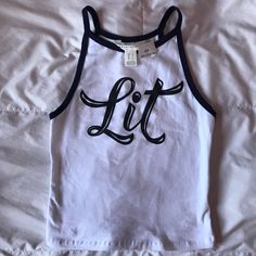 Brand Newreceived As A Gift White & Navy Blue Graphic Halter Top With The Word “Lit” On It In Cursive - Xs Summer Fitted Tops With Letter Print, Fitted Letter Print Summer Tops, Orange Floral Top, Black Tank Top Women, Black Lace Tank Top, Black Corset Top, In Cursive, Blue Graphic, Tank Top Bras