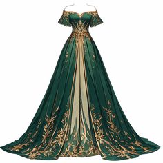 Green And Gold Fantasy Dress, Green Fantasy Dress Drawing, Green And Gold Ball Gown, Green And Gold Gown, Green Fantasy Dress, Ball Gown Green, Yule Ball Dress, Forest Dress, Hunter Green Dresses