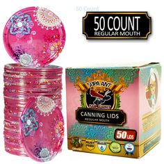 50 count regular mouth candy gums with pink and blue designs on the top, sitting in front of a box