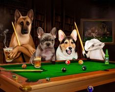 three dogs are playing pool and drinking beer