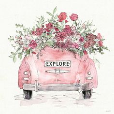 a pink car with flowers in the back and explore sign on the front, painted by watercolor