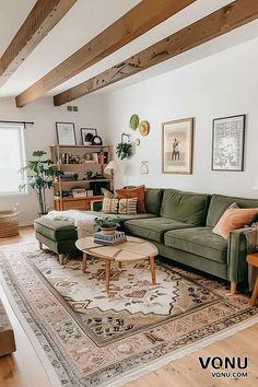 A cozy bohemian living room with a green sofa, wooden ceiling beams, and various earthy decor elements, including a bookshelf, plants, and a patterned rug. Earthy Green Living Room Decor, Boho Green Couch Living Room, Earthy Bohemian Living Room, Green Sofa Room Ideas, Green House Aesthetic Living Room, Modern Living Room Eclectic, Living Room Designs Green Sofa, Olive Sofa Living Room Ideas, Cozy Minimal Living Room