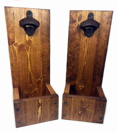 pair of wooden bookends made from wood with metal handles and latches on each side