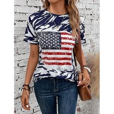 Season:Summer; Fabric:Polyester,Polyester; Sleeve Length:Short Sleeve; Look After Me:Machine wash,Washable,Wet and Dry Cleaning; Gender:Women's; Style:Fashion; Elasticity:Micro-elastic; Tops Type:T Shirt; Occasion:Daily,Weekend; Top Length:Regular Tops; Fit Type:Regular Fit; Pattern:National Flag,USA; Design:Print; Neckline:Crew Neck; Brand:Shall We; Listing Date:03/19/2024; Bust:; Length:; Sleeve:; Fit US Size:; Fit UK Size:; Fit EU Size:; Print Type:3D Print Embroidered Tank Top, Patriotic Outfit, Korean Fashion Casual, Casual Summer Tops, Navy Blue Shorts, Korean Casual, American Flag Shirt, Weekend Style, Fashion Mode