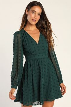 Always on Repeat Emerald Green Clip Dot Long Sleeve Mini Dress Dress For Pear Shaped Women, Dark Green Mini Dresses, Dot Texture, Spaghetti Strap Mini Dress, Trendy Fall Outfits, Green Mini Dress, A Line Mini Skirt, Mini Skater Dress, Halter Mini Dress